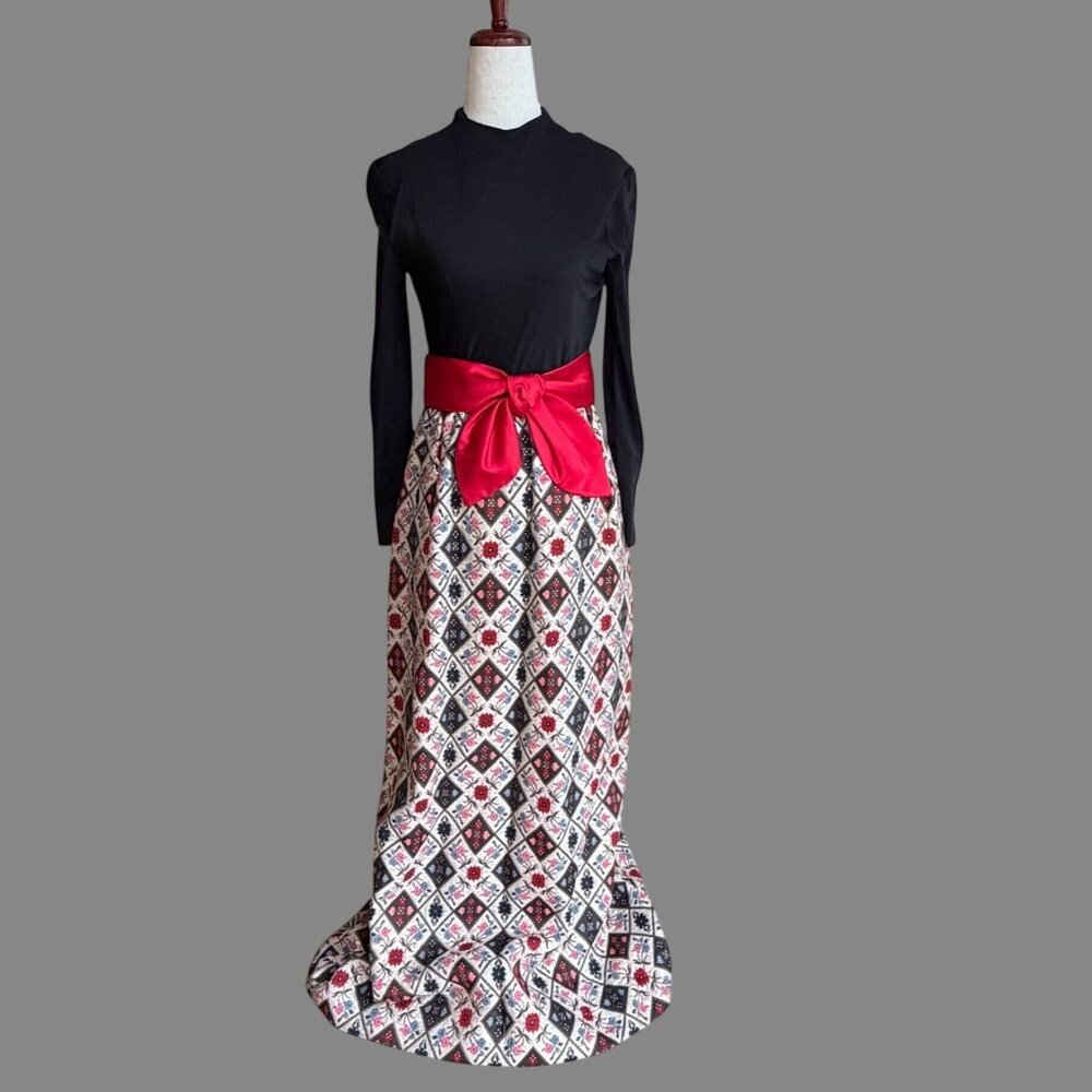 Vtg 70s Holiday Maxi Dress Black Bodice Bow Waistband Floral Jaquard Skirt 0 2